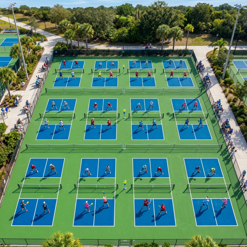 Pickleball courts at a busy venue